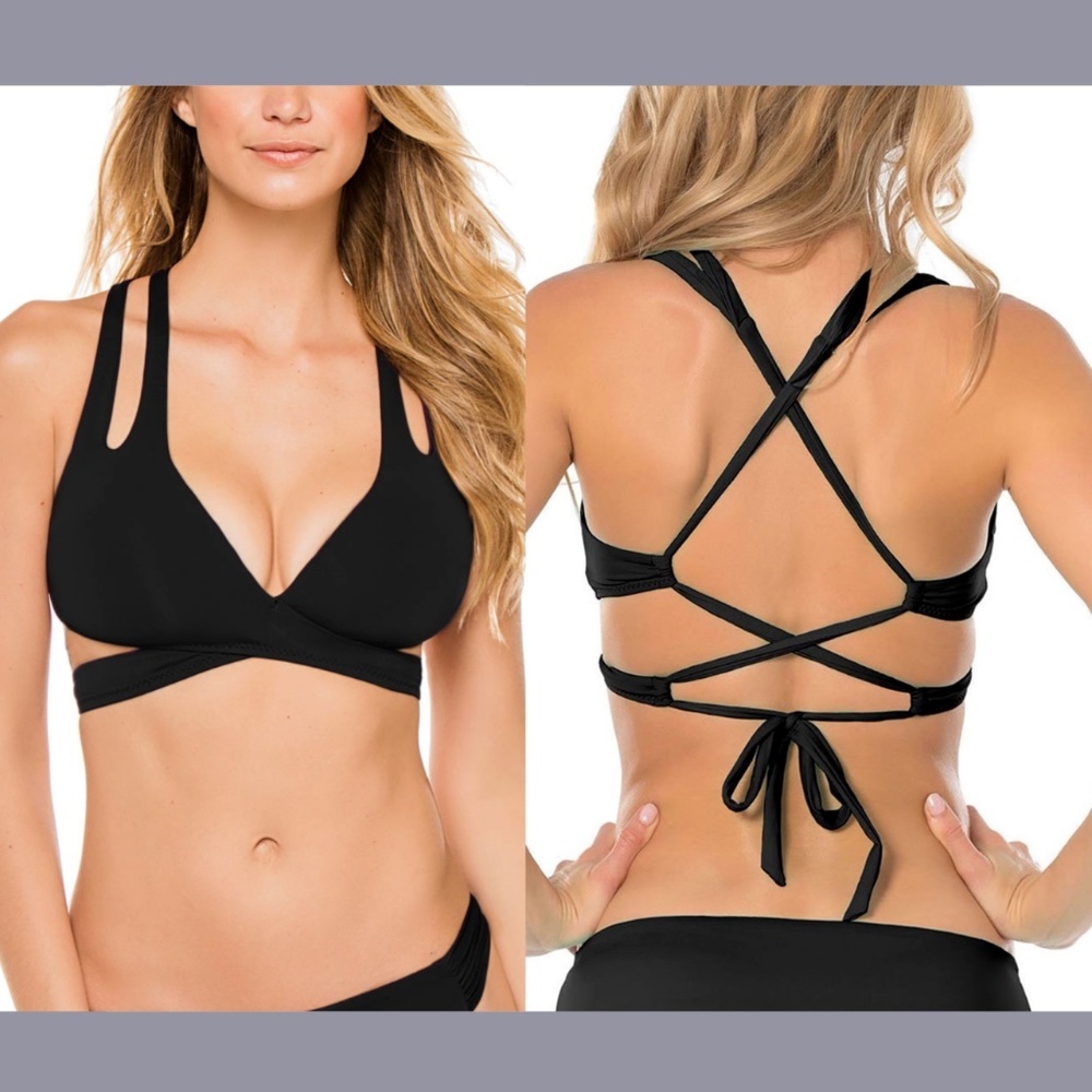 NEW BECCA Color Code Surplice Wrap Bikini Top‎ in Black [ Small ]